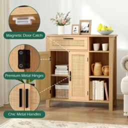 Costway Buffet Sideboard Boho Storage Cabinet With Rattan Woven Doors - thumbnail 7