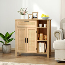 Costway Buffet Sideboard Boho Storage Cabinet With Rattan Woven Doors - thumbnail 8
