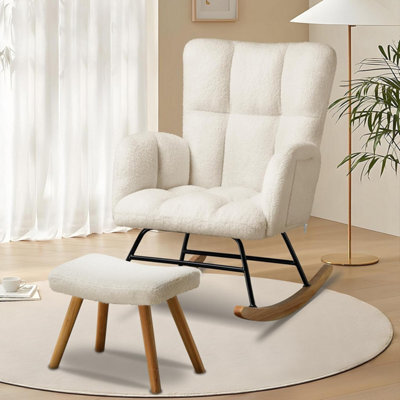 Comhoma Rocking Chair With Footstool, Comfy Relaxer Chair Teddy Fabric Armchair With High Backrest Lounge Chair Living Room - image 1