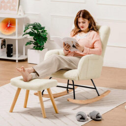Comhoma Rocking Chair With Footstool, Comfy Relaxer Chair Teddy Fabric Armchair With High Backrest Lounge Chair Living Room - thumbnail 3