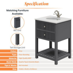 Plum&clay Harper Ribbed Grey Freestanding Vanity Unit & Basin Set (W)600mm - thumbnail 4