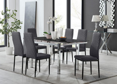 Furniturebox Uk Enna Black Glass Extending Dining Table And 6 Grey Velvet Milan Black Leg Chairs - image 1