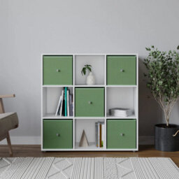 Urbn-Living 9 Cube White Wooden Bookcase Shelving Unit With 5 Collapsible Fabric Drawers Lilac Pastel Green - thumbnail 2