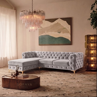 Monaco Chesterfield 3 Seater Chaise Sofa Light Grey Velvet L Shaped Corner- Left Hand Deep Buttoned Upholstery Couch Lounge - image 1