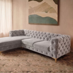 Monaco Chesterfield 3 Seater Chaise Sofa Light Grey Velvet L Shaped Corner- Left Hand Deep Buttoned Upholstery Couch Lounge - thumbnail 3