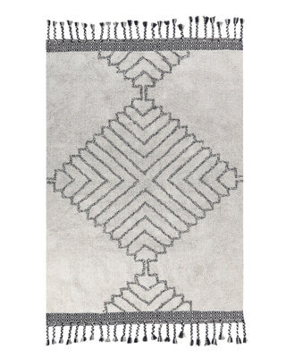 Beliani Handwoven Cotton Rug 140 X 200 Cm White Black Tassels Geometric Modern Boho - image 1