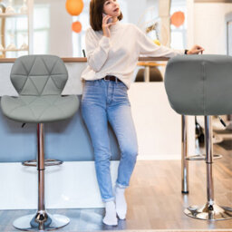 Neel Blue Swivel Bar Stool, Adjustable Height Faux Leather Breakfast Modern Chair, Grey - thumbnail 6