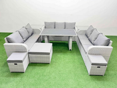 Fimous Patio Garden Furniture Sets With Black Glass Top Dining Table 3 Seater Sofa 2 Side Tables 3 Stool Light Grey - image 1