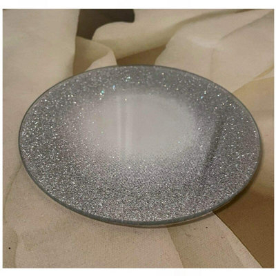 DEENZ 15 Cm Sparkly Silver Candle Plate Round