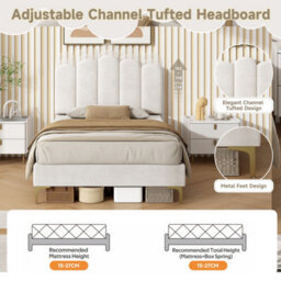 Abrihome 3Ft Premium Velvet Upholstered Bed Frame With Scalloped Channel Tufted Design, Height Adjustable Headboard, Beige (No Mattress) - thumbnail 7