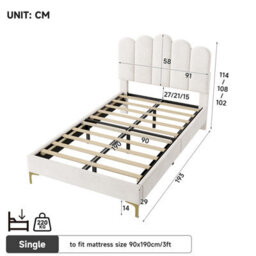 Abrihome 3Ft Premium Velvet Upholstered Bed Frame With Scalloped Channel Tufted Design, Height Adjustable Headboard, Beige (No Mattress) - thumbnail 3