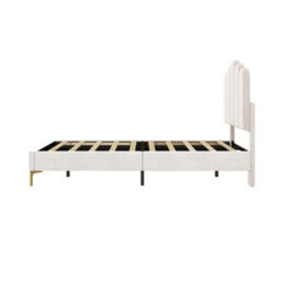 Abrihome 3Ft Premium Velvet Upholstered Bed Frame With Scalloped Channel Tufted Design, Height Adjustable Headboard, Beige (No Mattress) - thumbnail 9