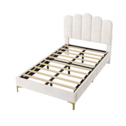 Abrihome 3Ft Premium Velvet Upholstered Bed Frame With Scalloped Channel Tufted Design, Height Adjustable Headboard, Beige (No Mattress) - thumbnail 8