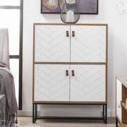 Wyld And Coco Sideboard, White And Light Wood-Effect Matt Finish With Black Metal Legs, 4 Doors, 100 X 76 Cm - thumbnail 2