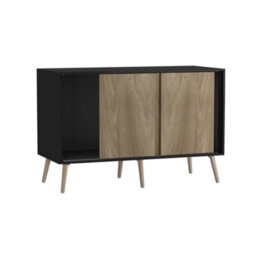 Urbn-Living Urbnliving 3-Door Sliding Cabinet Sideboard Black Carcass With Oak Doors Storage Organiser Home Cupboard Beech Wooden Legs - thumbnail 5