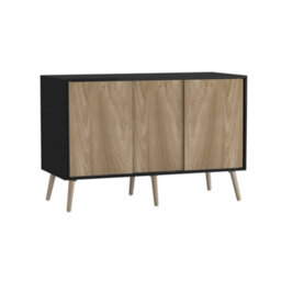 Urbn-Living Urbnliving 3-Door Sliding Cabinet Sideboard Black Carcass With Oak Doors Storage Organiser Home Cupboard Beech Wooden Legs