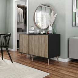 Urbn-Living Urbnliving 3-Door Sliding Cabinet Sideboard Black Carcass With Oak Doors Storage Organiser Home Cupboard Beech Wooden Legs - thumbnail 2