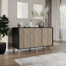 Urbn-Living Urbnliving 3-Door Sliding Cabinet Sideboard Black Carcass With Oak Doors Storage Organiser Home Cupboard Beech Wooden Legs - thumbnail 3
