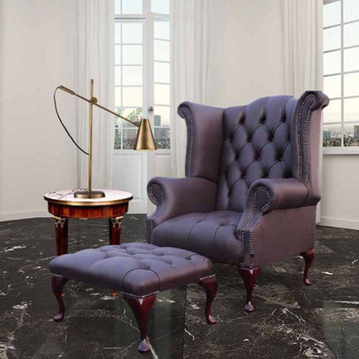 Chesterfield High Back Wing Chair + Footstool Buttoned Seat Dark Chocolate Leather In Queen Anne Style - image 1