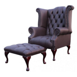 Chesterfield High Back Wing Chair + Footstool Buttoned Seat Dark Chocolate Leather In Queen Anne Style - thumbnail 2