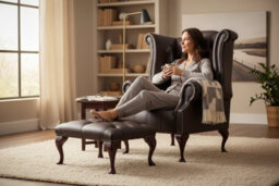 Chesterfield High Back Wing Chair + Footstool Buttoned Seat Dark Chocolate Leather In Queen Anne Style - thumbnail 3