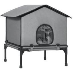 Pawhut Outdoor Cat House, Feral Cat Shelter With Elevated Base, Grey - thumbnail 2