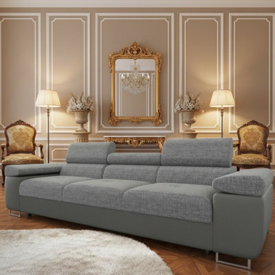 Torezio Three Seater Sofa With Adjustable Headrests For Living Room Chipboard Frame Metal Legs 263X102X90 Grey And Grey Melange - image 1