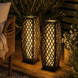 Gr8 Garden Set Of 2 Solar Rattan Lantern Led Garden Path Lights Charcoal - thumbnail 4
