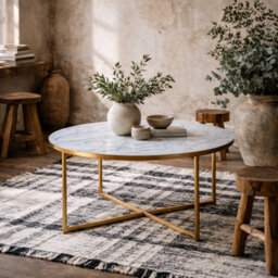 Wyld Haus Vodskov Round Coffee Table, White Marble-Effect Glass Top With Gold Chrome Legs, 80Cm