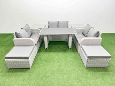 Fimous 8 Seater Patio Garden Furniture Sets With Black Glass Top Dining Table Love Sofa 2 Side Tables 2 Big Stool Light Grey - image 1