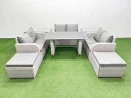 Fimous 8 Seater Patio Garden Furniture Sets With Black Glass Top Dining Table Love Sofa 2 Side Tables 2 Big Stool Light Grey - thumbnail 1