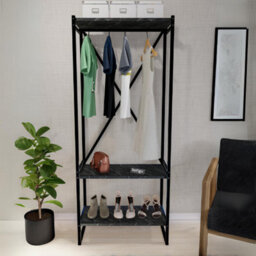 Urbn-Living Urbnliving 160Cm Height 3 Tier Black Marble Wooden Coat Rack And Shoe Storage Stand With Metal Frame - thumbnail 2