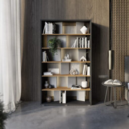 Arte Illuminated Tall Bookcase H2100mm W1250mm D330mm - Modern Grey, Graphite & Oak With Led Lighting - thumbnail 4