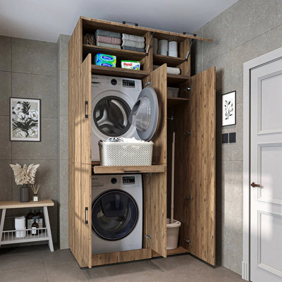 Roomart Dora Cabinet Set For Dryer And Washing Machine With Extra Storage And Pull Out Shelf Oak Finish - image 1
