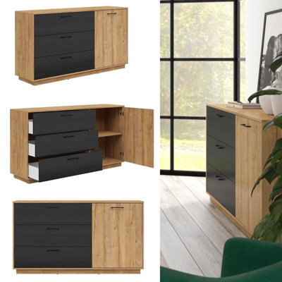 Impact Furniture Large Sideboard Cabinet 3 Drawers Bedroom Living Room Storage 160Cm Unit Oak And Black Oak Effect Modern Maio - image 1