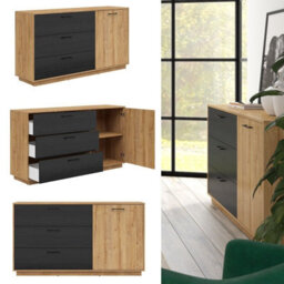 Impact Furniture Large Sideboard Cabinet 3 Drawers Bedroom Living Room Storage 160Cm Unit Oak And Black Oak Effect Modern Maio - thumbnail 1