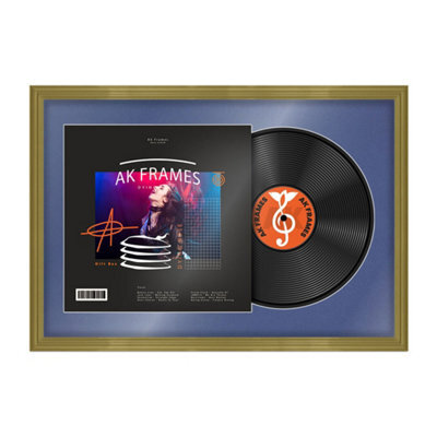 "AK Frames 25X17"" Gold Classic Vinyl Record Frame With Blue Mount For 12 Inch Lp Cover & Disc - Overlapped Design" - image 1