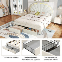 Merax 4Ft6 Double Upholstered Bed 135 X 190 Cm, Velvet Bed With Shell Headboard, Led Lights And 2 Storage Drawers, Beige - thumbnail 6