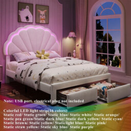 Merax 4Ft6 Double Upholstered Bed 135 X 190 Cm, Velvet Bed With Shell Headboard, Led Lights And 2 Storage Drawers, Beige - thumbnail 5