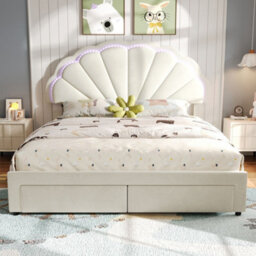 Merax 4Ft6 Double Upholstered Bed 135 X 190 Cm, Velvet Bed With Shell Headboard, Led Lights And 2 Storage Drawers, Beige - thumbnail 2