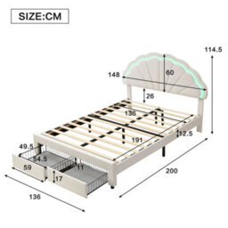 Merax 4Ft6 Double Upholstered Bed 135 X 190 Cm, Velvet Bed With Shell Headboard, Led Lights And 2 Storage Drawers, Beige - thumbnail 4