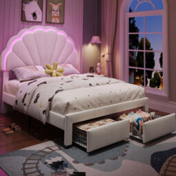 Merax 4Ft6 Double Upholstered Bed 135 X 190 Cm, Velvet Bed With Shell Headboard, Led Lights And 2 Storage Drawers, Beige - thumbnail 1