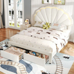 Merax 4Ft6 Double Upholstered Bed 135 X 190 Cm, Velvet Bed With Shell Headboard, Led Lights And 2 Storage Drawers, Beige - thumbnail 3