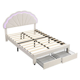 Merax 4Ft6 Double Upholstered Bed 135 X 190 Cm, Velvet Bed With Shell Headboard, Led Lights And 2 Storage Drawers, Beige - thumbnail 8