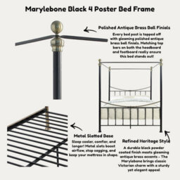 OAT Home Marylebone Black & Brass Four Poster Metal Bed Frame - King Size - thumbnail 8