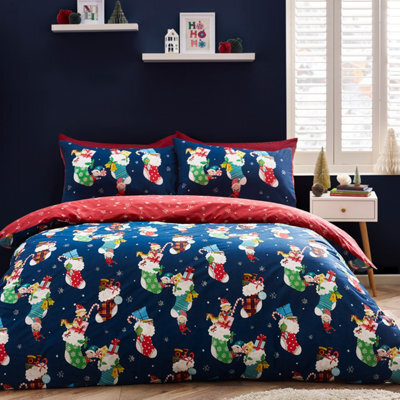 Catherine Lansfield Christmas Elves Cotton Rich Single Duvet Cover Set With Pillowcase Navy Blue - image 1