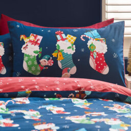 Catherine Lansfield Christmas Elves Cotton Rich Single Duvet Cover Set With Pillowcase Navy Blue - thumbnail 3