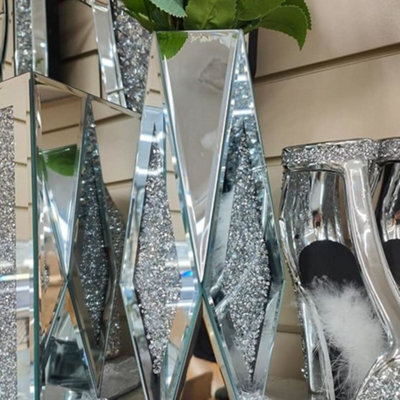 Biznest 30Cm Crushed Diamond Flower Mirror Vase Silver Crystal Glass Vase Mirrored Decorative Flower Vase Living Room Home Décor