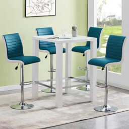 Furniture in Fashion Jam Square Glass White Gloss Bar Table 4 Ritz Teal White Stools