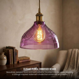 Modern Purple Glass Lamp Shade 24.5Cm Easy Fit Replacement Ceiling Pendant Light Shade, Floral Vintage Glass Hanging Lamps - thumbnail 4